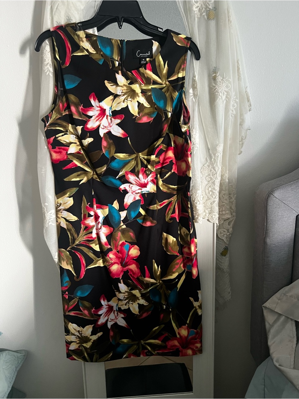 connected apparel Black Floral Sheath Dress with Red, Teal & Gold Bloom